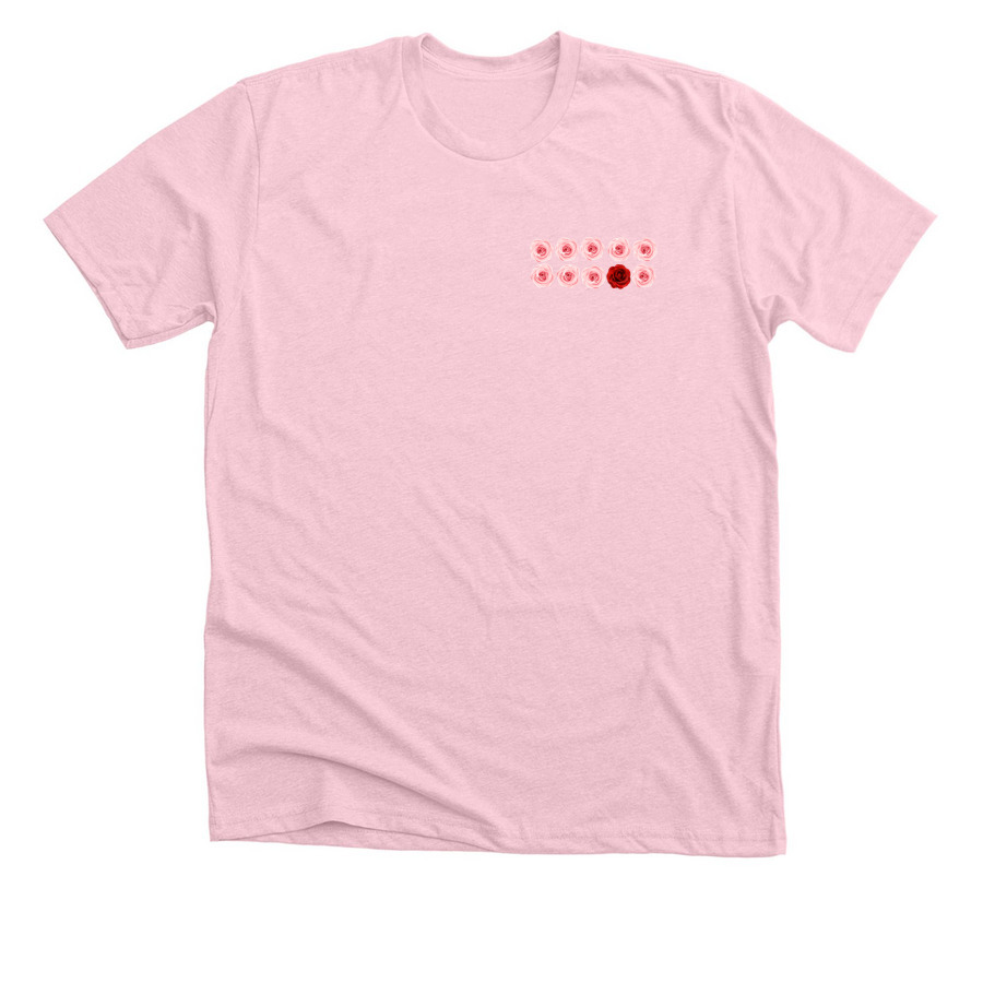 Bloom 1 in 10 pink t-shirt with rose grid design